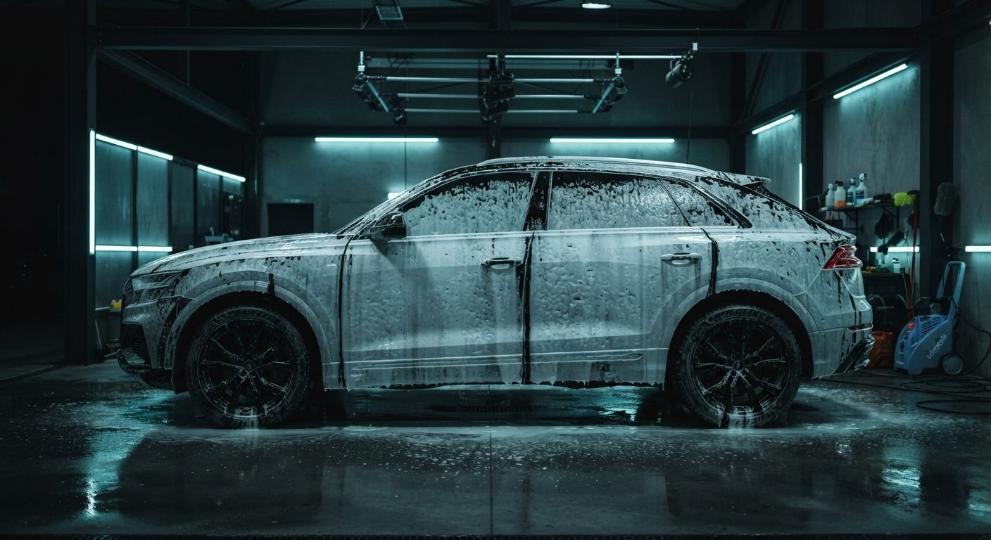 Katumaasturi vaahtopesussa detailing-studiossa